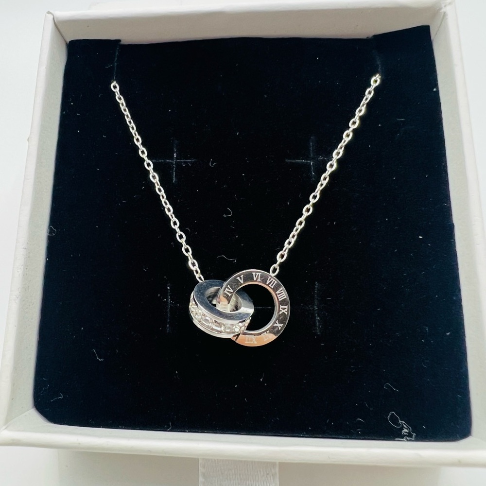 New Roman Numeral Silver Necklace with Interlocking Rings, Stainless Steel